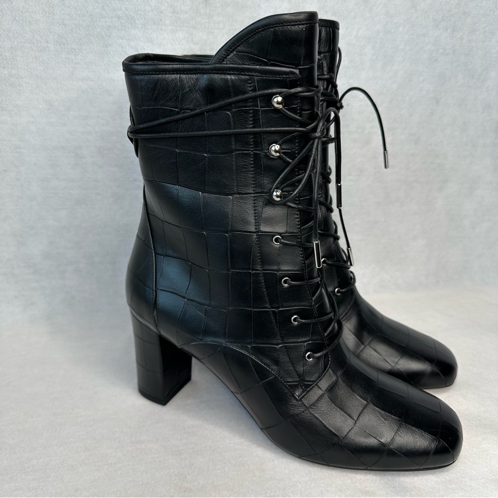 Longchamp Black Crocodile Leather Print Heeled Ankle Bootie. EU41/US10